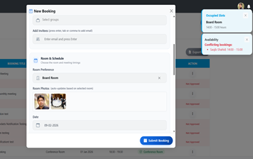 Room booking form with real-time availability